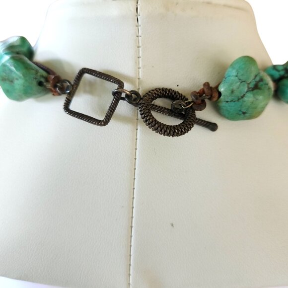 Rustic Turquoise Nugget Necklace With Large Oval Stone Pendant & Leather Cord - Picture 11 of 14